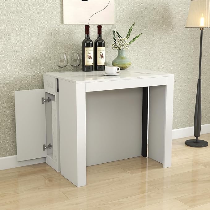 24"-118" Extendable Dining Table with Storage for 2-12 People, Modern Space-Saving Extra Long Wood Folding Table with USB & AC Outlets, Multifunctional Conference Meeting Desk, White Marble