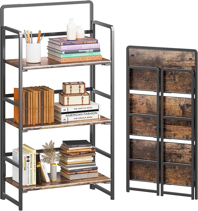 4NM No Assembly Folding Bookshelf, 3-Shelf 42.1" H Collapsible Foldable Bookcase Storage for Small Spaces, Rustic Brown and Black