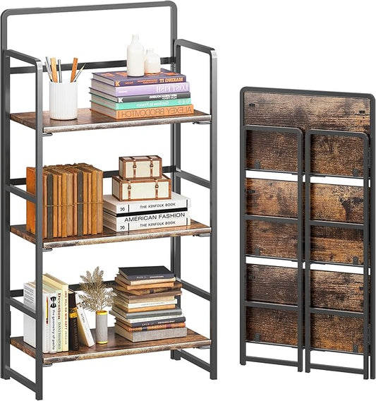 4NM No Assembly Folding Bookshelf, 3-Shelf 42.1" H Collapsible Foldable Bookcase Storage for Small Spaces, Rustic Brown and Black