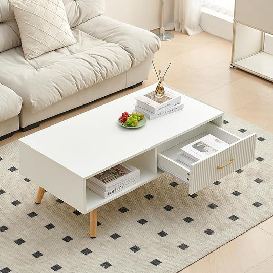 IANIYA Boho Coffee Table with Storage, Dining Table with Rattan Drawer and Solid Wood Legs, Small Center Tables for Living Room Small Space(All White)