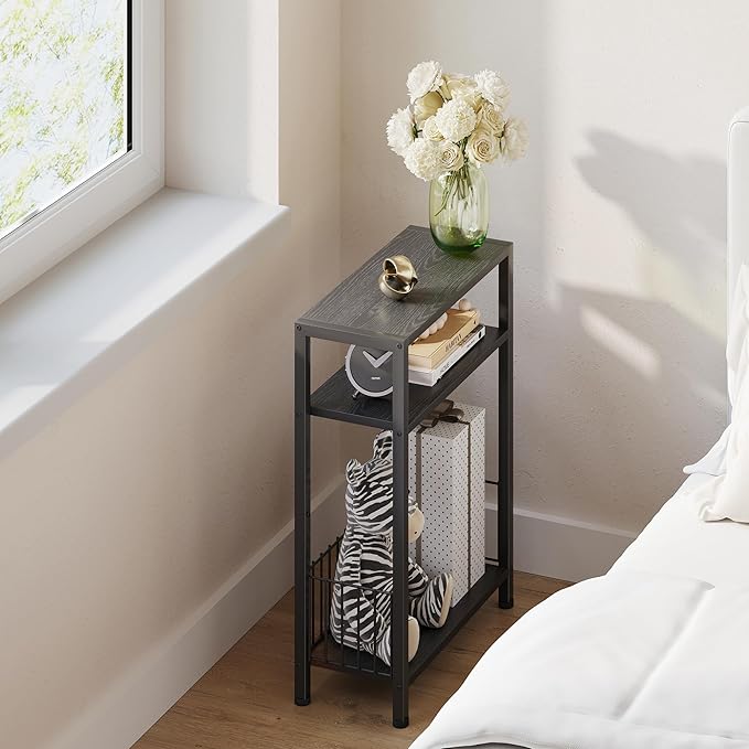 Narrow Side Table with Storage Basket, Small End Table for Small Spaces, Slim Sofa Table for Living Room, 3 Tier Bedside Table for Bedroom, Black
