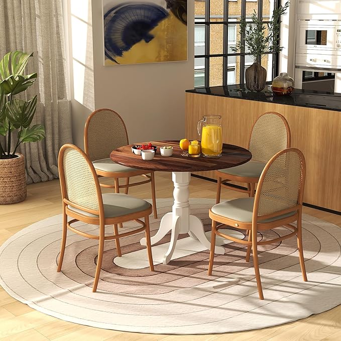 Giantex Round Dining Table, 39" D X 29" H, Rubber Wood Pedestal Table W/Round Tabletop & Curved Trestle Legs, 4-Person Dinner Table for Kitchen, Dining Room, Restaurant (Walnut & White)