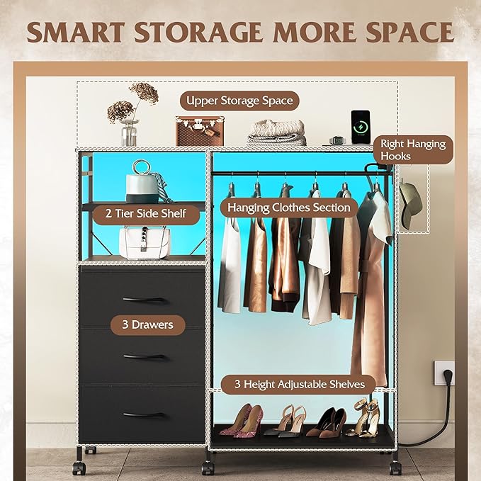 WLIVE Black Dresser with Hanging Rack for Bedroom, 3 Drawer Dresser with LED Lights & Charging Station, Fabric Dressers & Chest of Drawers, Storage Organizer with Open Shelves for Living Room