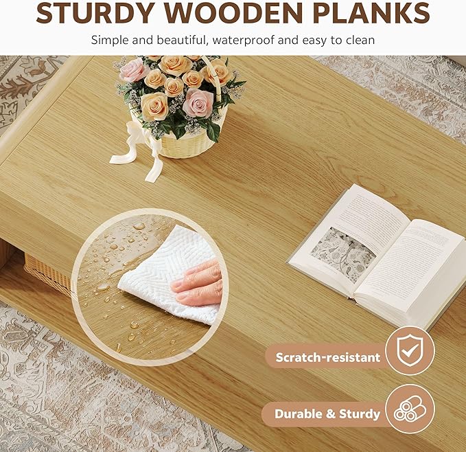 Lift Top Coffee Table, 35'' Modern Coffee Table with Hidden Compartment & Open Shelf, Curved Profile Design, Converts to Home Office Table, Dining Table, Center Table for Living Room, Natural