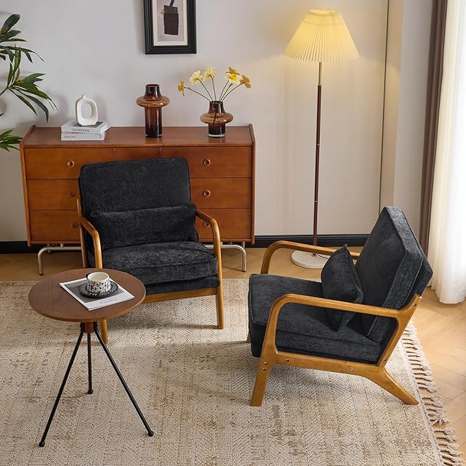 VINGLI Chenille Mid-Century Modern Accent Chair Set of 2, Cute Reading Arm Chair with Cushion & Lumbar Pillow & Solid Wood Frame for Lounge, Living Room, Reading Room, Bedroom, Black