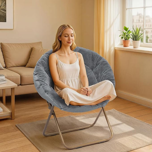 Athena Collection Comfy Saucer Chair Folding Cozy Chair for Bed Room Living Room Accent Chair Faux Fur Reading Chair Foldable Metal Frame Lazy Chair Moon Chair for Adult Set of 2, Grey