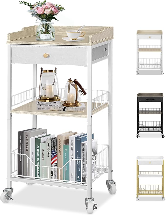 Small Side Table Stand with Storage Drawer, 4-Tier Narrow End Tables for Small Spaces, Skinny Nightstand for Living Room, Bedroom, Vanity Room, Office and Dorm Room, White&Natural