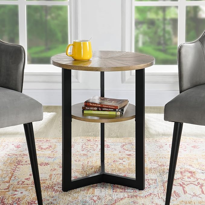 Round End Table with Storage Shelf, 19.29in Circel Accent Side Table with Black Metal Legs, 2-Tier Wood Round Sofa Side Table for Living Room Bedroom, Yellowish Brown-BZ