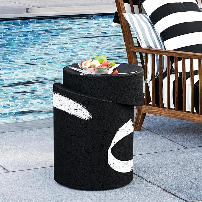 HOMPUS Concrete Outdoor Side Table Set of 2 w Graffiti Round Coffee Table, Home Decor Plant Stand Outdoor Accent Table Patio Drum End Table for Living Room, Bedroom or Balcony, Black & White