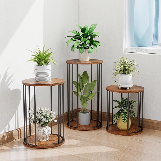 Plant Stand Indoor,small plant stool,Flower Pot Corner stand holder,Mid Century Heavy Duty Metal Tall Home Decor,Modern Round End Table,Small Rustic Display Stand for Living Room,Bedroom(Brown,2 Packs)