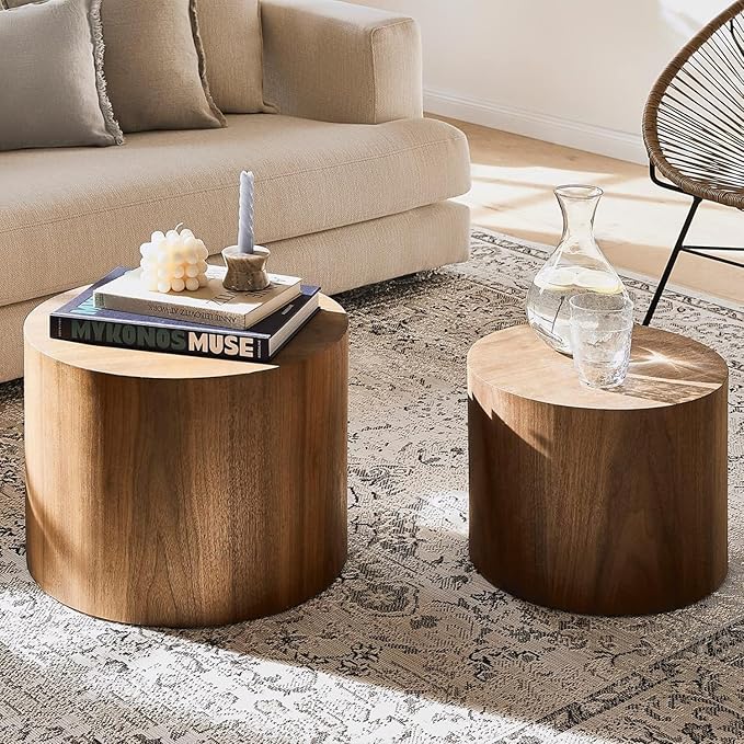KEVINSPACE Nesting Coffee Table Set of 2, Round Nesting Tables Wooden End Tables for Small Space, Modern Side Tables Set for Living Room, Office, No Need Assembly, Walnut