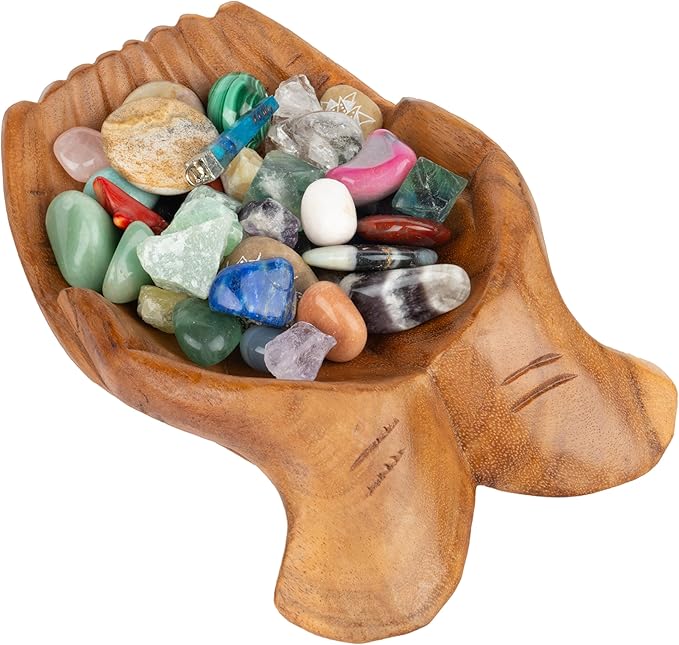 Curawood Carved Hands Offering Bowl - Crystal Holder for Stones, Rock Collection Holder, Crystal Display Storage Tray, Wooden Hands Bowl for Keys - Rock Display Case for Shelf, Stand, Altar Decor (L)