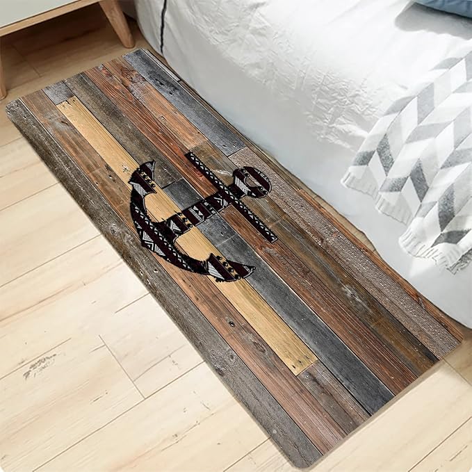 Bath Rugs Sponge Foam Absorbent Soft for Bathroom and Kitchen (71 x 24 inches),Flannel Mat Non Slip Bright 3D Print for Bedside and Living Room(Old Wooden Plank Anchor)