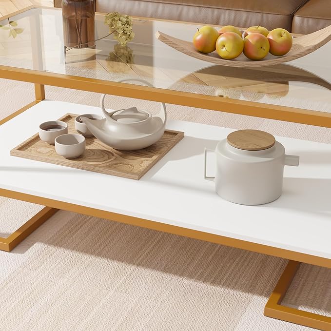 Coffee Table, 2 Tier Tempered Glass Coffee Table, Rectangle Modern Center Table with Metal Frame, Glass Accent Table Open Storage Shelf for Living Room, Office, White