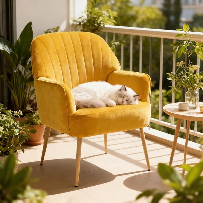Velvet Accent Chair, Modern Upholstered Single Sofa Side Living Room Chair, Comfy Barrel Reading Armchair with Metal Legs for Bedroom, Waiting Room, Office and Cafe, Yellow