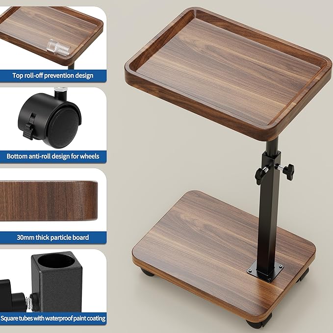 C Table End Table Adjustable Height, 360°Swivel TV Tray Table for Small Spaces, Side Tables with Wheels for Living Room and Bedroom, Bed (Walnut)