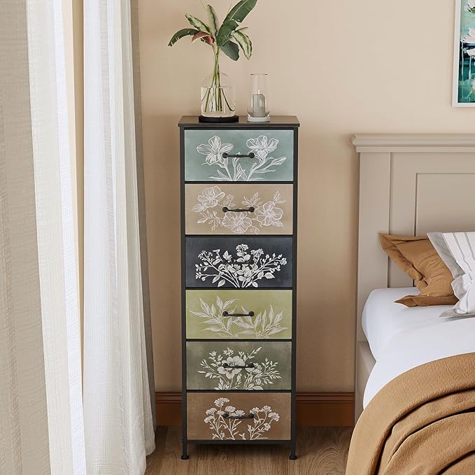 Tohomeor Vintage Dresser Vertical Nightstand with Neutral Botanical Plant Fabric Chest Drawers for Closet Bathroom Storage Tower Unit Bed Side Organizer Farmhouse Rustic (Multi, 6 Drawers)