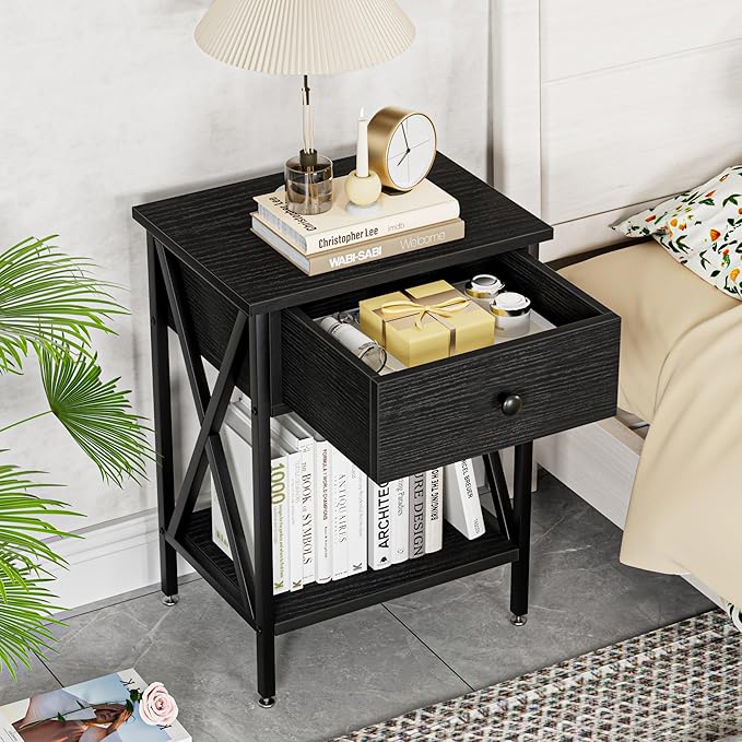 VECELO Nightstands Set of 2, Modern Bedside End Tables, Night Stands with Drawer and Storage Shelf for Living Room Bedroom, Industrial Metal Frame