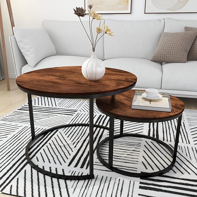 HOMERECOMMEND Round Coffee Table Set of 2 Modern Nesting Side End Table for Living Room,Round Wooden Coffee Table with Solid Powder-Coated Metal Frame, Rustic Brown/Black