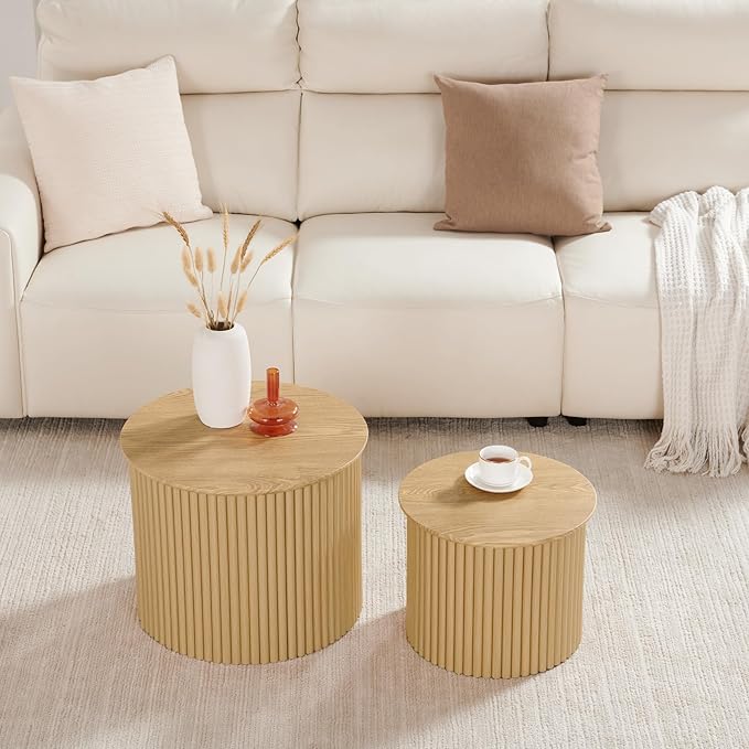 AVZEAR Round Nesting Coffee Table Set of 2, Small Fluted Coffee Table Circle Side Table, Boho Modern Wood Nesting Tables Farmhouse End Table Set for Living Room, Bedroom, Small Spaces(Natural)