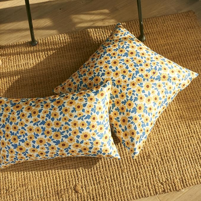 Sunflower Floral Outdoor Pillows Waterproof for Patio Furniture 18x18 Set of 2 Yellow Decorative Pillow Covers for Couch Porch Chair Bench Reversable Cottage Farmhouse Pillow Cases Gold