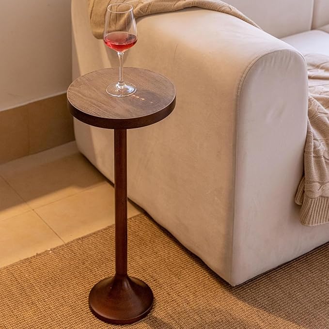 Small Pedestal End Table, Metal Base Side Table, Drinking Table with Scratching Distressed Finish, Light Espresso