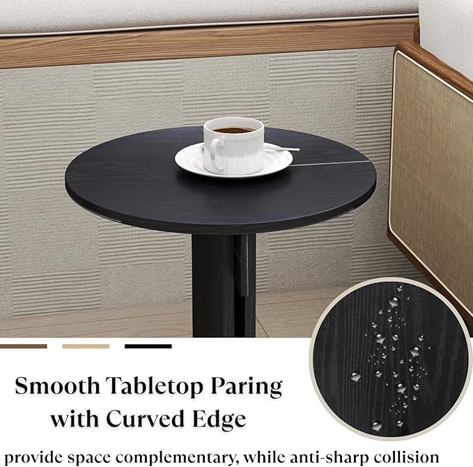 Wooden Round Side Table, Small Drink End Table, Cocktail Table, Modern Accent Night Stand with Wooden Base, Plants Stand for Living Room/Bedroom, Corners, Office, Small Space, Black