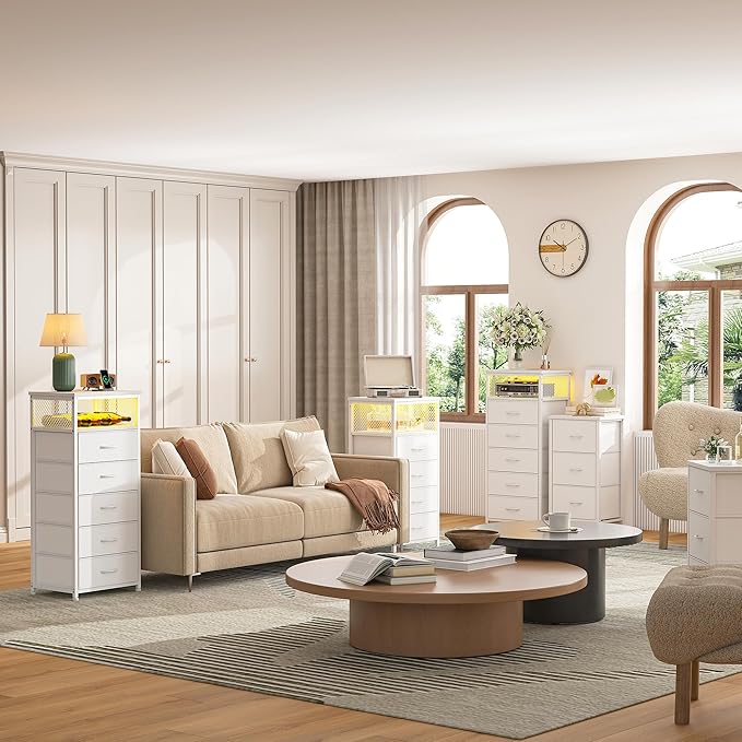 EnHomee Tall Night Stand Set 2 with 5 Drawers, LED Nightstand with Ports & Outlets, White Dresser with Extra Side Bag & Storage Shelf & Hooks, Bedroom, Dorm, Closet