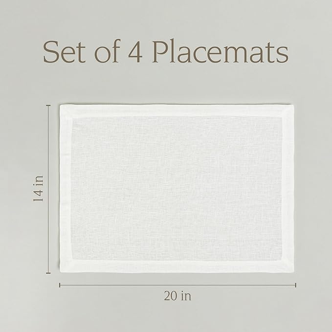 Over&Back Set of 4 Washed 100%-Linen Woven Placemats - Colorful Dining Table Mat - Machine Washable - Kitchen and Home Decor - Ivory