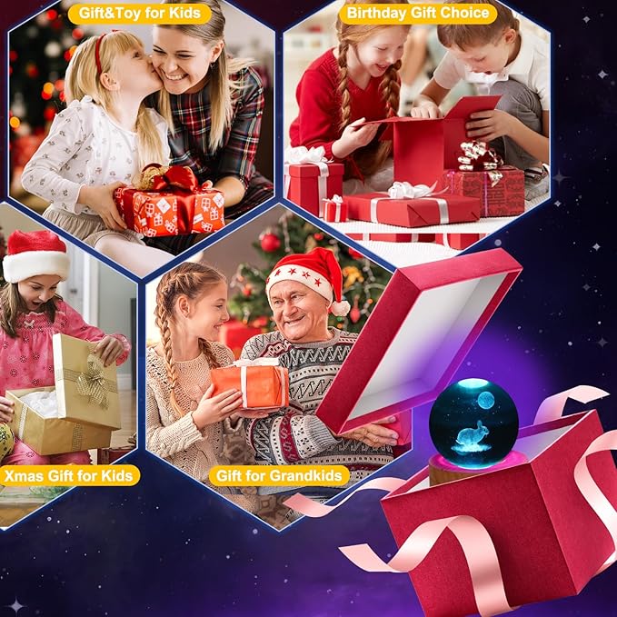 Rabbit Crystal Ball Night Light - 3.15 Inch 16 Color LED Rabbit Glass Ball Lamp with Wooden Base and Remote Control - Perfect Decorations Gifts for Kids, Boys, Girls, Teens