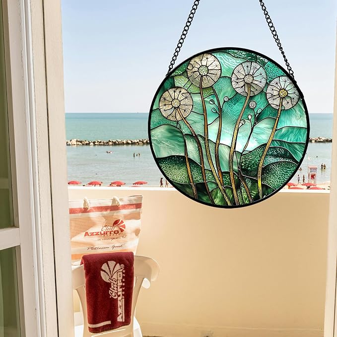 Stained Glass Window Hanging, Green Abstract Lotus Leaves Tree Sun Catcher for Window Door Home Decor Plant Suncatcher Christmas Mother's Day Birthday Gifts for Women Men Mom Nana 6.3 in