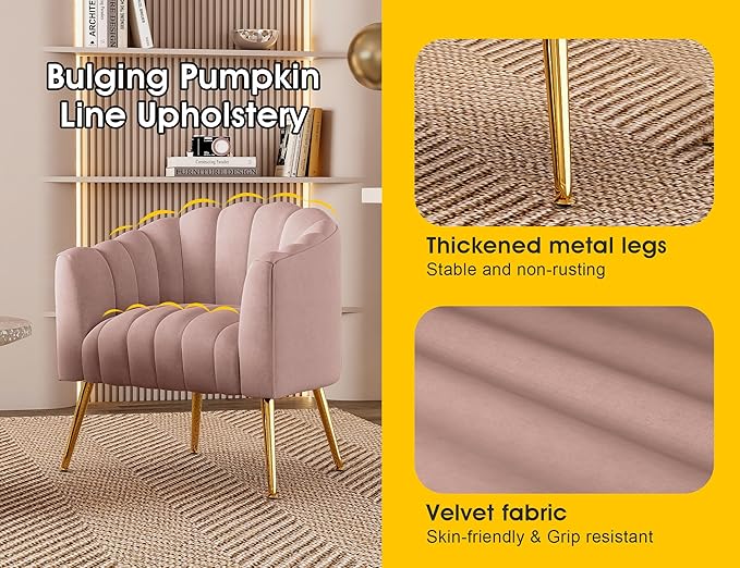 Oversized Pumpkin Couch Accent Chair, Modern Comfy Velvet Upholstered Barrel Chairs, Luxury Single Sofa Armchair for Living Room, Waiting Room, Office and Vanity, (Pink)