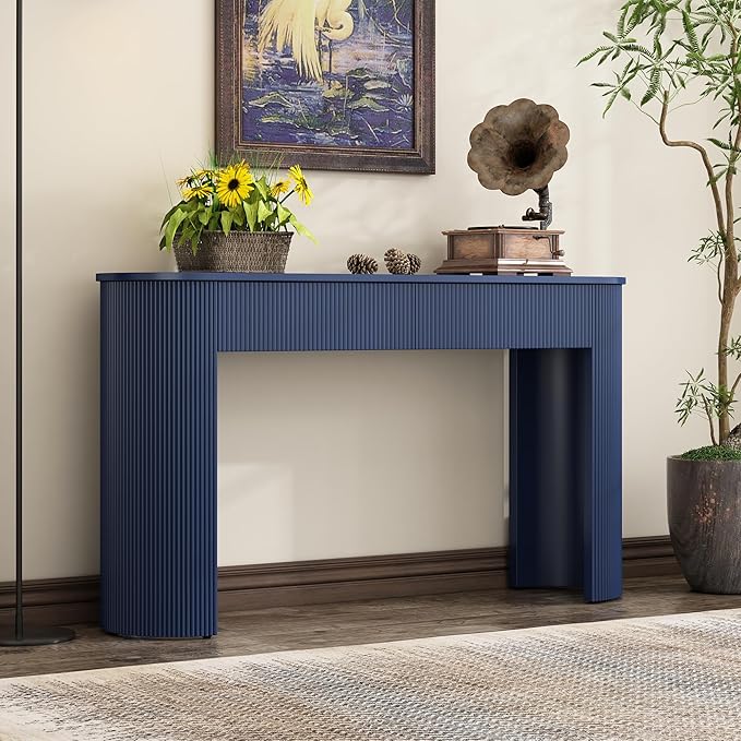 kevinplus 54'' Wood Console Table Sofa Table with 2 Drawer Storage for Entryway, Modern Elegant Fluted Design & Curved Edge, Easy Assemble, Blue