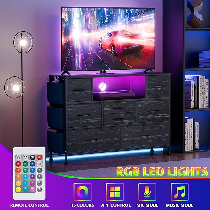 Dresser for Bedroom with 8 Drawers, Dresser TV Stand with LED Lights and Power Outlets, Fabric Chest of Drawers with Side Pocket for Living Room, Entryway, Bedroom Furniture (Black Wood Grain)