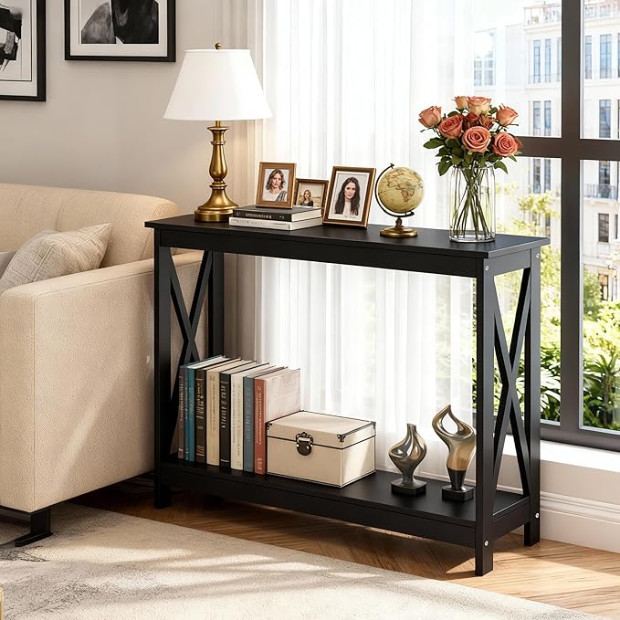 ZenStyle Sofa Side Console Table with 2 Storage Shelves Narrow Accent Table for Entryway/Hallway/Living Room, 46.9in L x 11.8in W x 31.7in H, Black