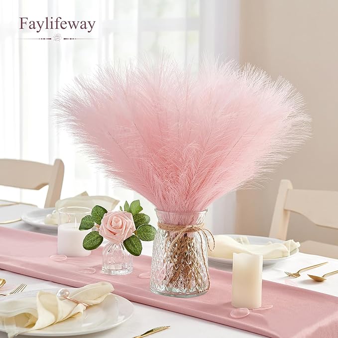 𝟱𝟬𝙥𝙘𝙨 Pampas Grass 𝟭𝟳in, Pink Artificial Dried Pampas Grass Decor for Living Room, Faux Pampas Grass Vase Filler Fluffy for Wedding Party Boho Decoration (𝗣𝗶𝗻𝗸)