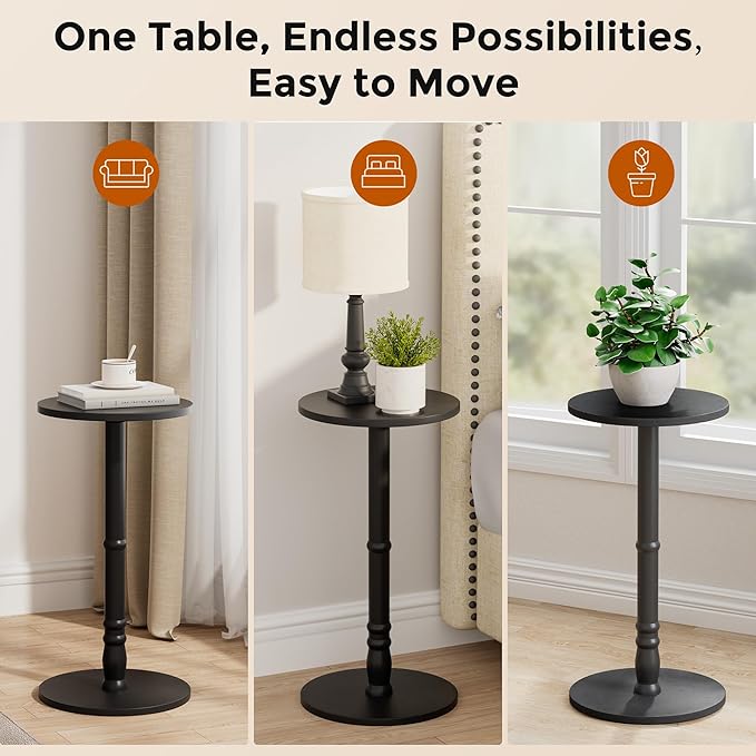 Round Side Tables Set of 2, Solid Wood Pillar with Wood Top & Base, Small Drink Accent Table for Living Room, Bedroom, Sofa & Office, Easy Assembly, Black