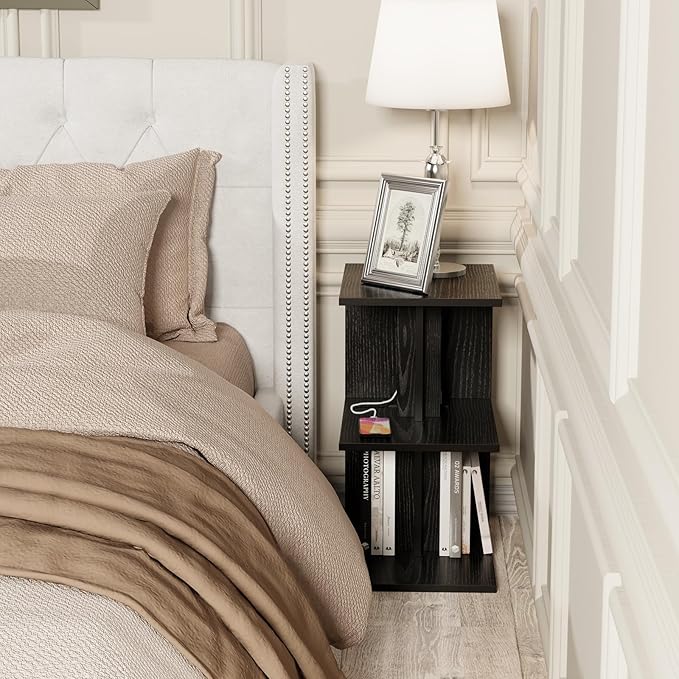 Night Stand with Charging Station, Small Side Table for Couch, USB Ports and Outlet, End Table with 3-Layer Storage Shelves for Small Spaces, Living Room, Bedroom, Bedside (Black)