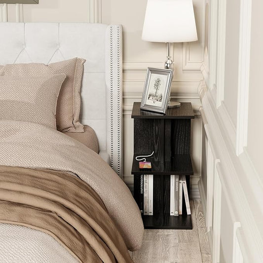 Night Stand with Charging Station, Small Side Table for Couch, USB Ports and Outlet, End Table with 3-Layer Storage Shelves for Small Spaces, Living Room, Bedroom, Bedside (Black)