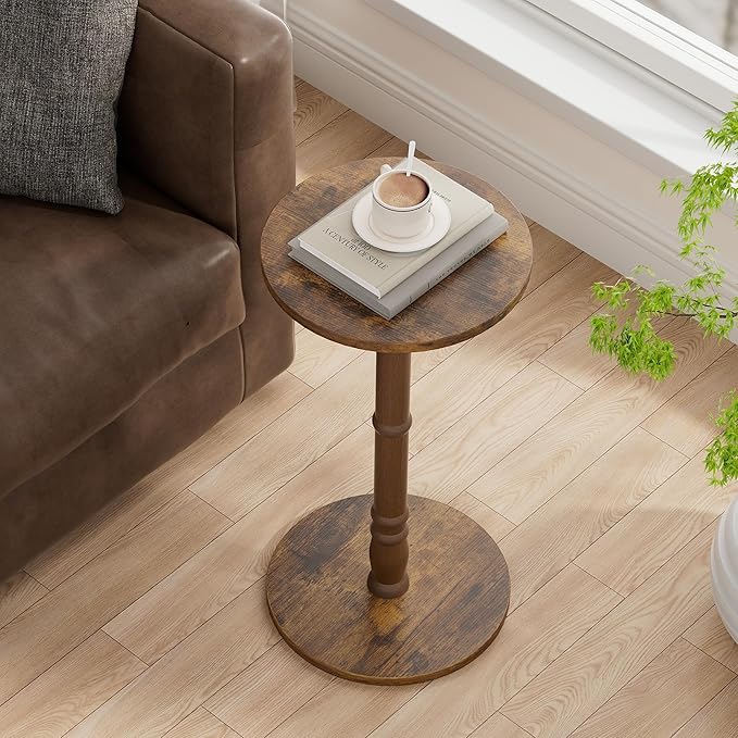 Round Side Table, Solid Wood Pillar with Wood Top & Base, Small Drink Accent Table for Living Room, Bedroom, Sofa & Office, Easy Assembly, Rustic Brown