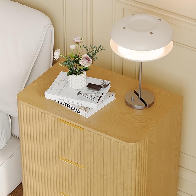 3 Drawer Fluted Dresser for Bedroom Set of 2, Modern Curved Closet Dressers Chest of Drawers, 23.6" Rustic Wood Nightstand 3-Drawer Dresser Bedside Table, End Table with 3 Large Drawers Natural