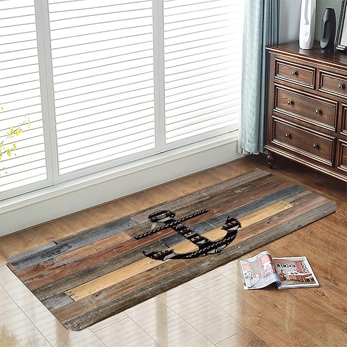 Bath Rugs Sponge Foam Absorbent Soft for Bathroom and Kitchen (71 x 24 inches),Flannel Mat Non Slip Bright 3D Print for Bedside and Living Room(Old Wooden Plank Anchor)