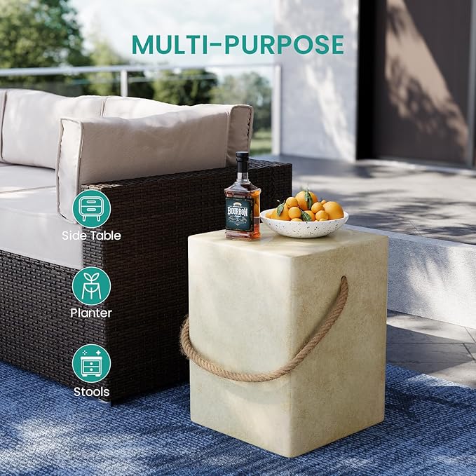 SUNBURY Outdoor Side Table, Concrete Side Table for Patio,18" H Small End Table w Hemp Rope, Indoor & Patio Accent Table Coffee Table Warm Gray, Stone Side Table Garden Plant Stands
