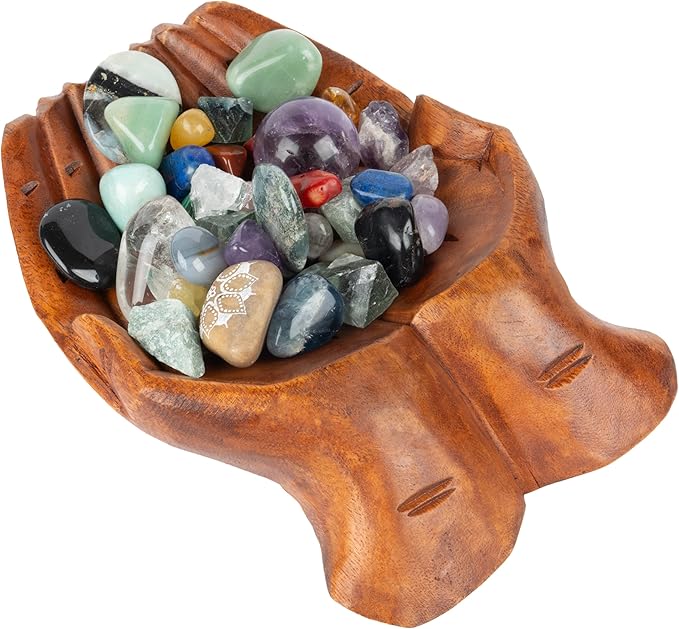 Curawood Carved Hands Offering Bowl - Crystal Holder for Stones, Rock Collection Holder, Crystal Display Storage Tray, Wooden Hands Bowl for Keys - Rock Display Case for Shelf, Stand, Altar Decor (L)