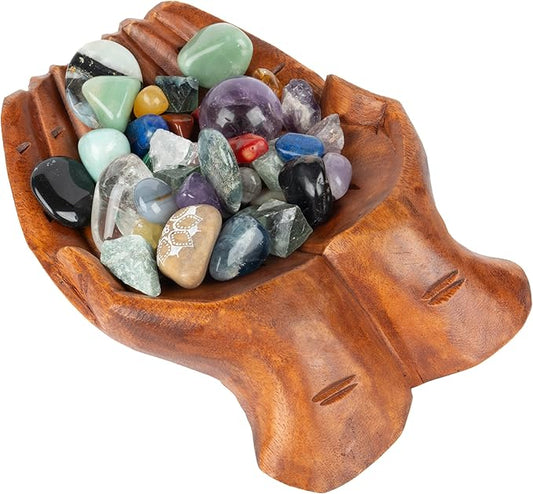 Curawood Carved Hands Offering Bowl - Crystal Holder for Stones, Rock Collection Holder, Crystal Display Storage Tray, Wooden Hands Bowl for Keys - Rock Display Case for Shelf, Stand, Altar Decor (L)