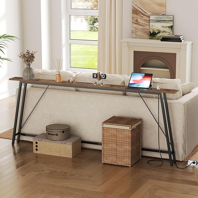 78.7" Couch Table Behind Sofa, Narrow Console Table with Outlet, Skinny Sofa Tables Narrow Long, Long Entryway Tables for Hallway, Entryway, Living Room, Rustic Brown and Black CT205UBR