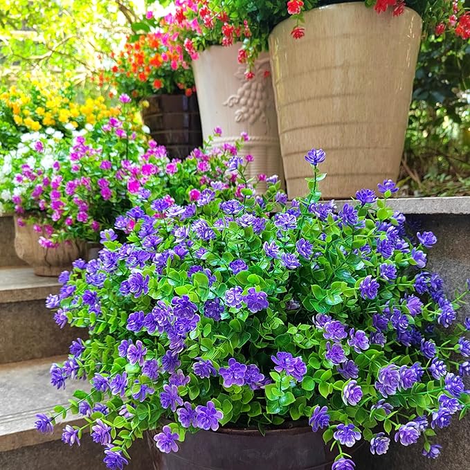 12 Bundles Artificial Flowers for Outdoors, UV Resistant Fake Flowers with Plastic Plants, Faux Flowers for Outside Window Box Front Porch Hanging Planter Decor (Purple)