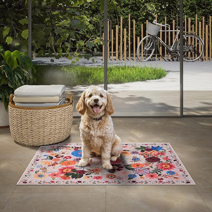 Area Rugs 24x17 Inch Home Decor Entry Rug, Small Door Mat Bath Mats for Bathroom, Ultra-Thin Non Slip Floral Low Pile Tub Mat for Sink Shower Doorway Tub Kitchen Sink(2 x 1.4 ft, Beige/Pink Garden)