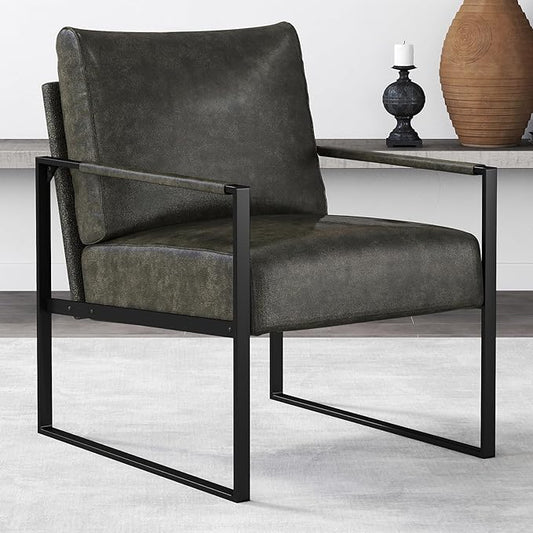 CANMOV Mid Century Modern Accent Chair, PU Leather Armchair with Metal Frame,Comfy Single Reading Chair with Soft Padded Backrest and Cushion for Living Room, Bedroom,Reading Room,Office,Dark Grey