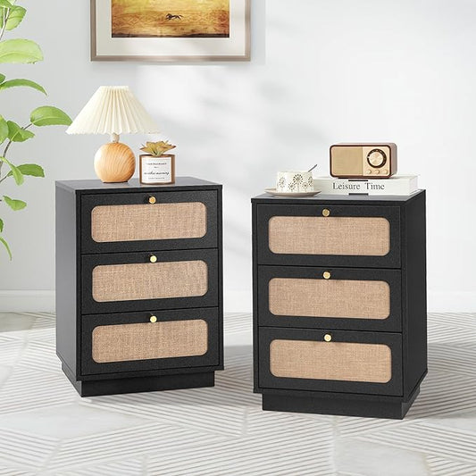 Modern Black Wood Nightstand Set of 2, 16" Small Night Stand with 3 Storage Drawer for Bedroom, Farmhouse Linen Decor Side End Table for Bedside, Living Room, Home Office (Black)